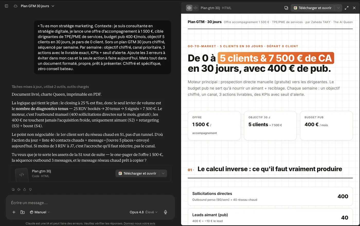 Un plan marketing 30 jours chiffré généré par l'assistant